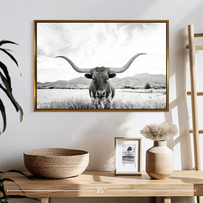 Longhorn Texas BW, 25 po x 17 po, Cadre flottant doré
