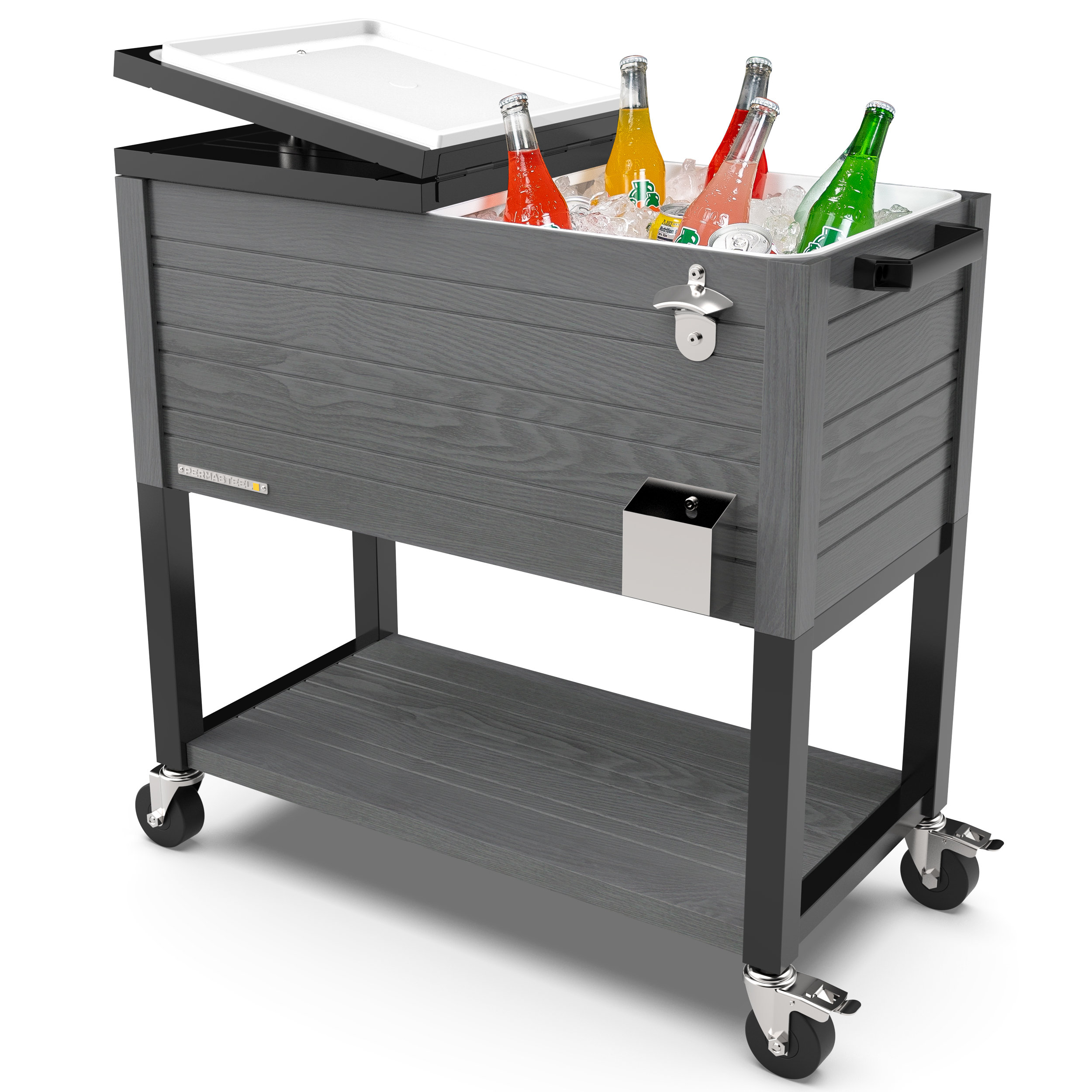 Permasteel 80-Qt Outdoor Rolling Patio Cooler on Wheels Woodgrain Style ...