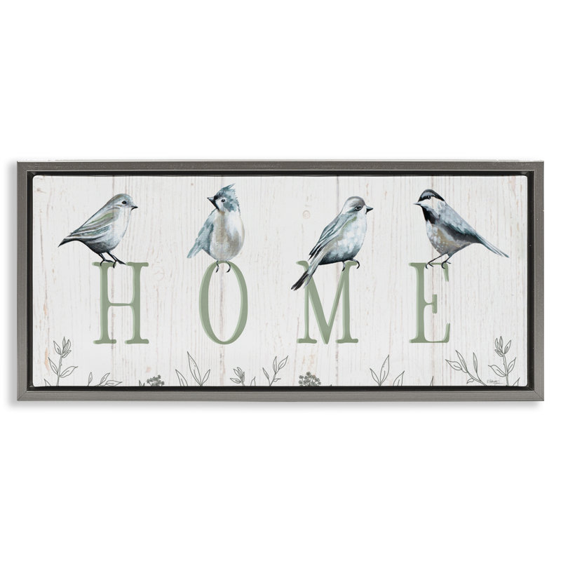 Cadre flottant avec lettres d'oiseaux perchés, conception par Elizabeth Tyndall, Cadre flottant gris lustré