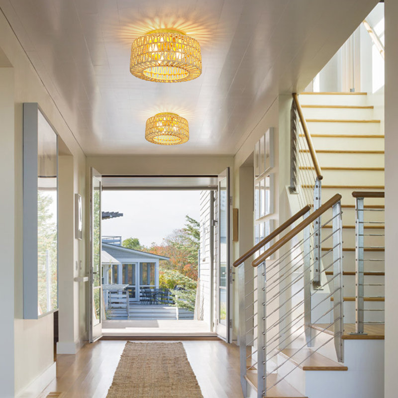3-Lights Rattan Flush Mount Ceiling Light, 12.6In Boho Light Fixture For Hallway Bedroom Kitchen Entryway, Gold, Gold