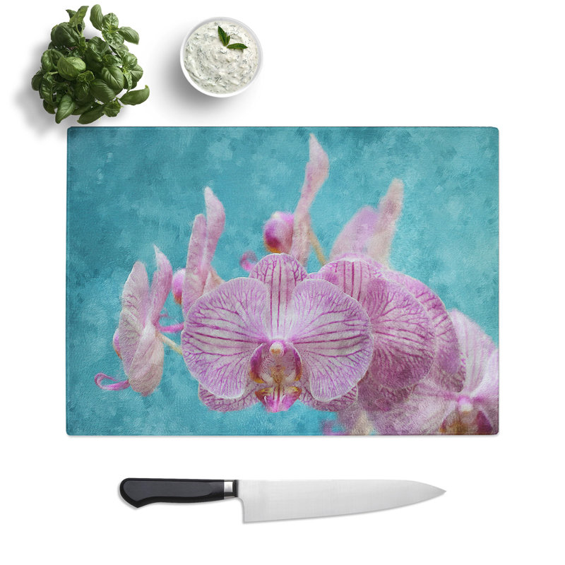 Tempered Glass Lilac & Pink Orchids Chopping Board, 20 cm x 28.5 cm