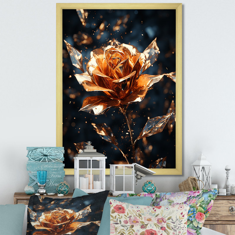 Art mural doré doré et roses noires I - Rose, Cadre photo argenté, H 40 po x l 30 po