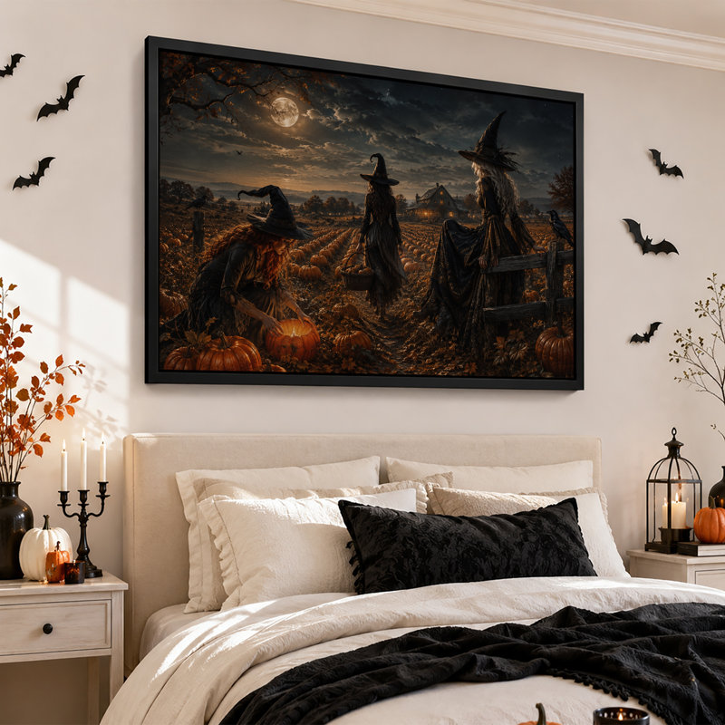 «Three Witches Harvesting Pumpkins Under Full Moon Halloween», art mural sur toile, H 20 po x l 30 po