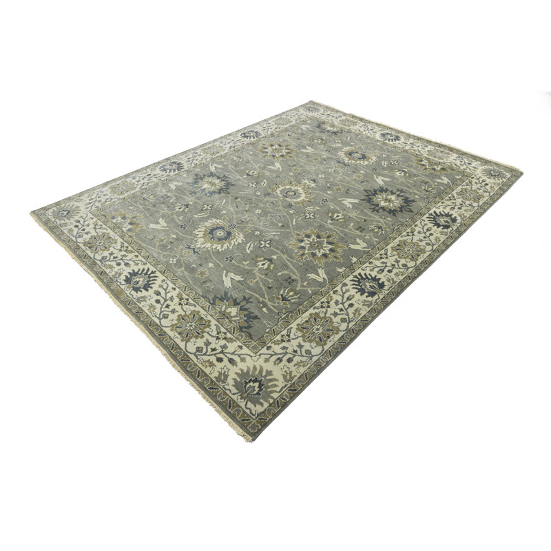 Floral Handmade Hand-Knotted Rectangle 9'1" x 11'10" Wool Area Rug in Cream