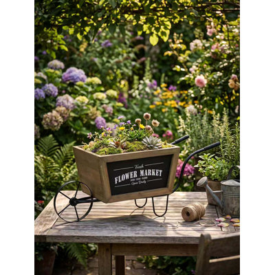 Boîte à fleurs brune en bois brun avec cadre robuste en fer noir, taille totale 19,5 po x 7,9 po x 8,3 po