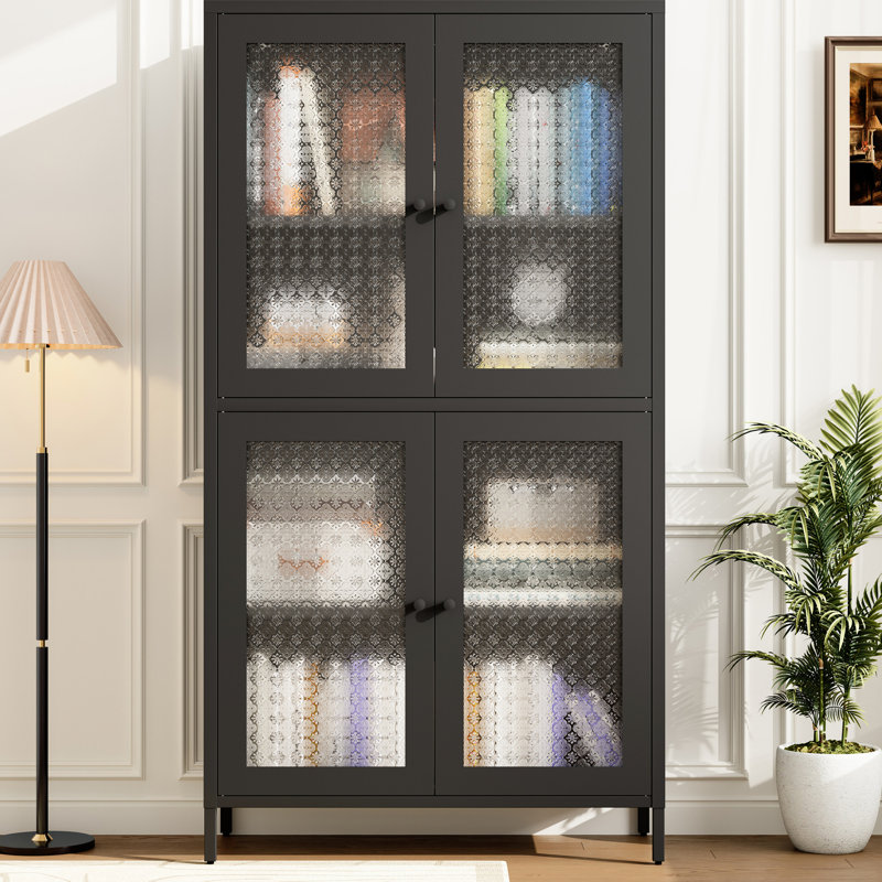 Classic Metal Freestanding Cabinet With 4 Glass Door Shelves And Coating - Storage For Home Office, Living Room, Kitchen Black, Flower 4-shelf 4mm Tempered Doors Look