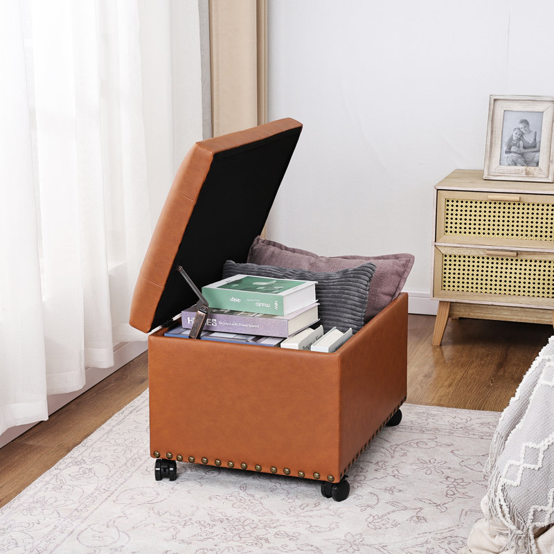 Rectangle Faux Leather Storage Ottoman with Casters, Orange