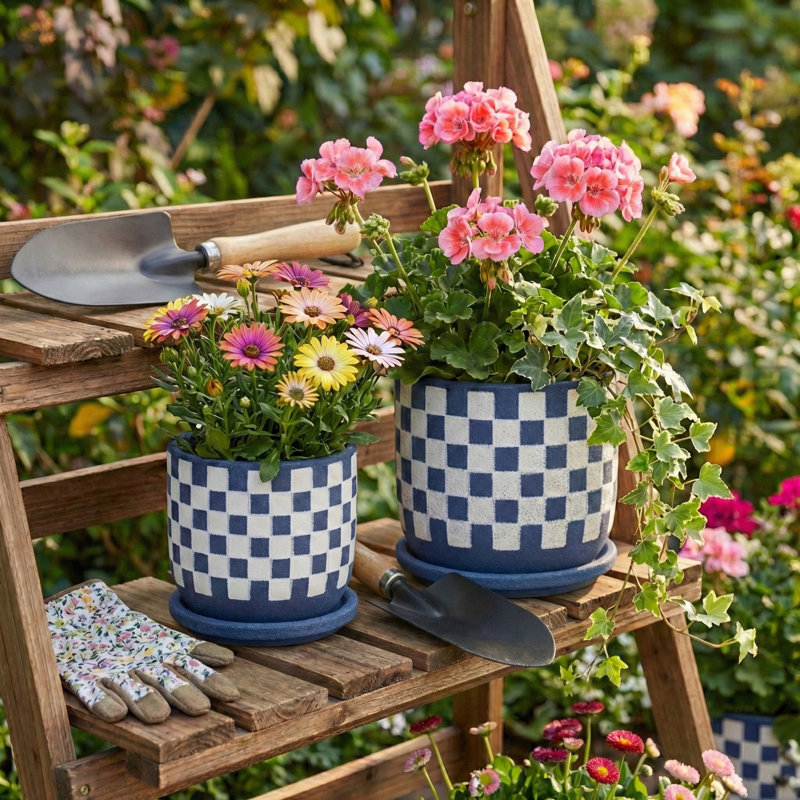 Jamesjoseph Stoneware Ceramic Planters with Saucers - Durable Decorative Pots for Indoor Outdoor Display - Stylish Modern Home Garden Accents - Set of 2