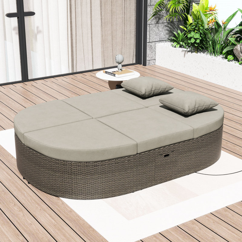 2-Person Rattan Chaise Lounge with Adjustable Backrests and Cushions for Patio or Poolside, Gray, Brown