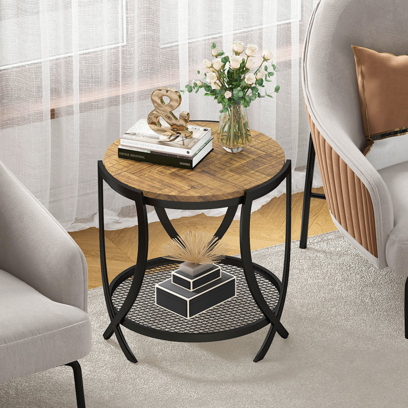 Aumiller Side Table with Storage, Black, Splicing Wood Brown