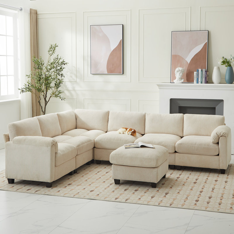 7-Piece Upholstered Corduroy Sectional, Beige