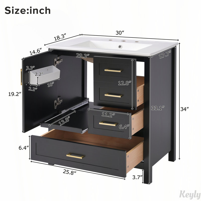 Meuble-lavabo de 30 po avec porte à fermeture douce, 3 tiroirs à fermeture douce et plateau amovible, Noir et or