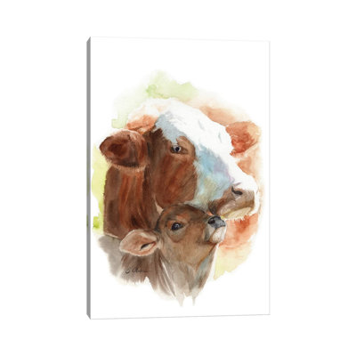 Mother And Baby Cows by Watercolor Luv - Wrapped Canvas Painting