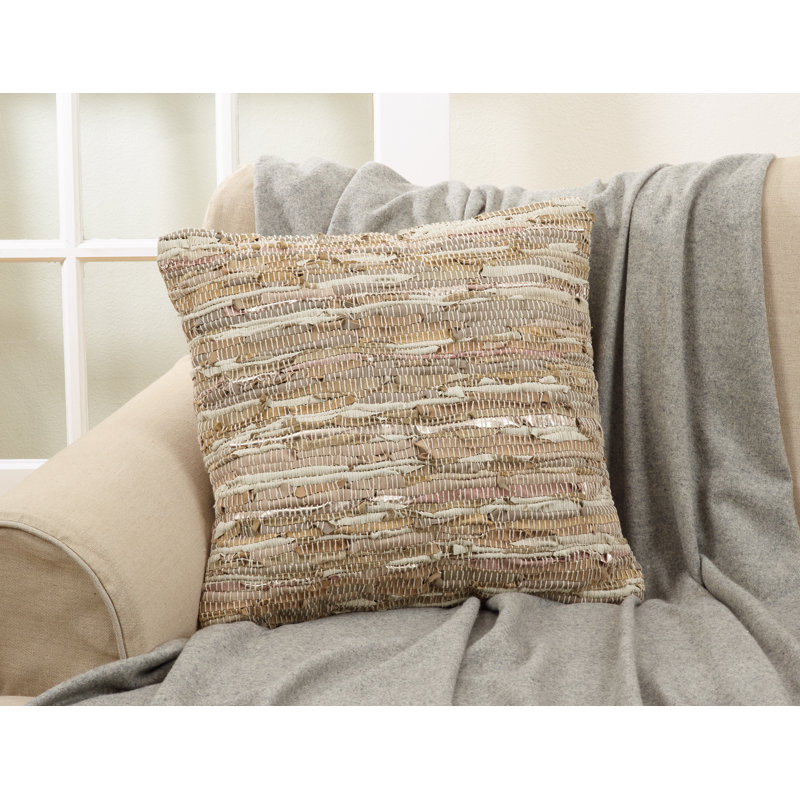 Natural Cotton Leather Blend Square Accent Pillow with Chindi Design