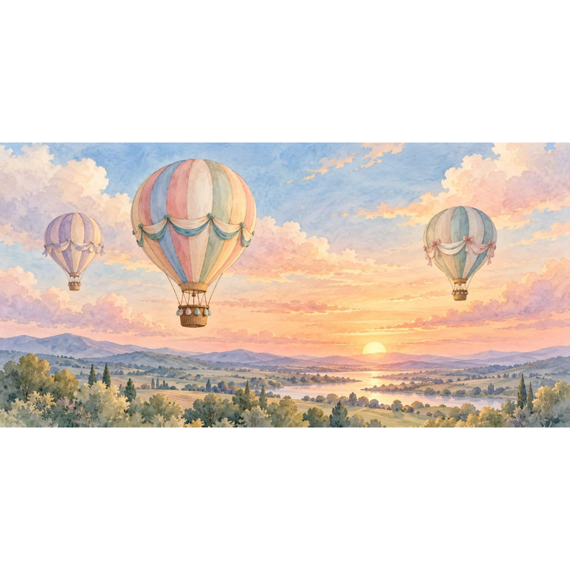 Sunset Flight Wallpaper Mural, Peel and Stick Kids Room Wall Mural, Watercolor Hot Air Balloon Nursery Wallpaper
