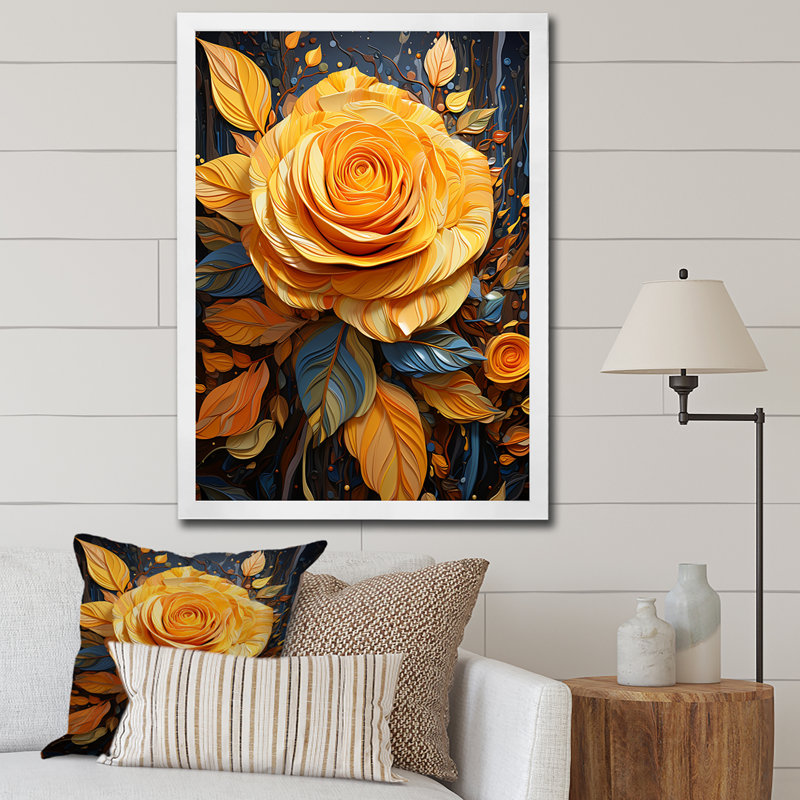 «Yellow Rose Elegance - Roses», art mural, Cadre simple blanc, H 32 po x l 16 po x P 1 po