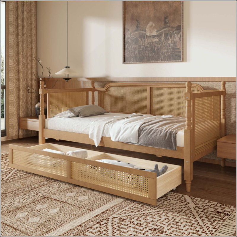 Lit de jour en rotin de style traditionnel avec 2 tiroirs pour un espace limité, chambre d'amis, aucun sommier nécessaire