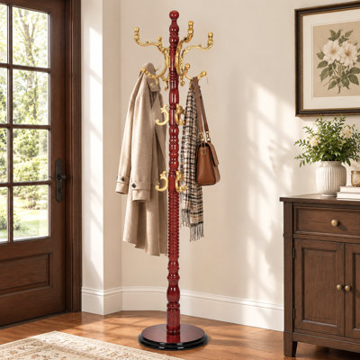 Solid Wood Coat Rack Freestanding, Vintage Wooden Coat Tree Stand with Multi Hooks, 72.8" Tall Entryway Hall Tree for Clothes, Hats, Bags, Umbrella, Home Hallway Bedroom