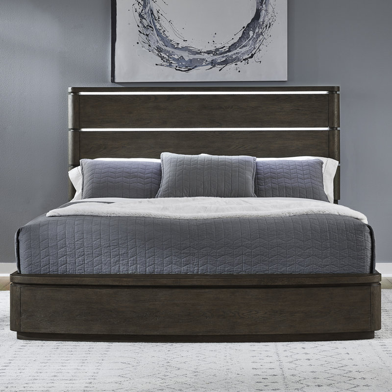 Ensemble de chambre à coucher avec lit à panneaux, commode et miroir Trenea avec éclairage DEL, Très grand