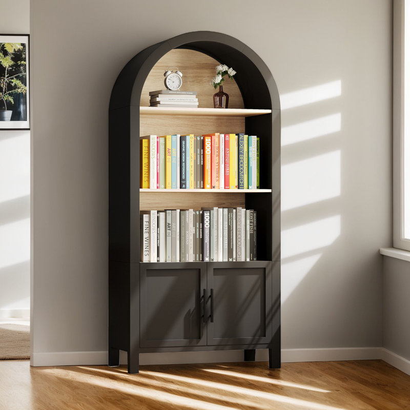 66.7" Tall Arched Bookshelf With Storage Cabinet, Mid-Century Modern 3-Tier Arched Cabinet With Open Display Shelf For Office, Dining Room, Living Room, Black