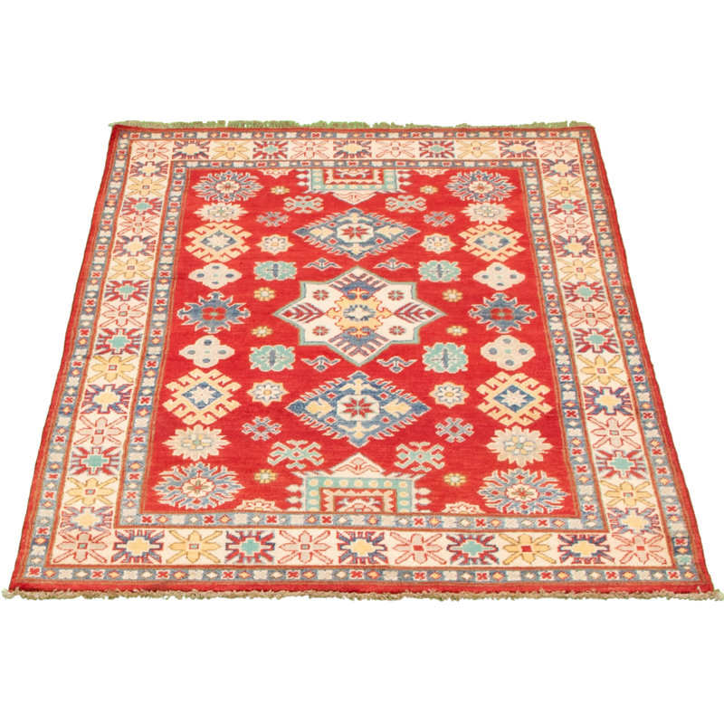 Tapis unique en laine noué à la main rouge Gazni des années 2010 de 4 pi 1 po x 6 pi Qaiden