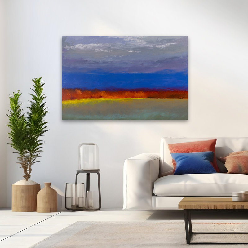Illumination d'arbres lointains - paysages contemporains gris et bleu, H 48 po x l 32 po