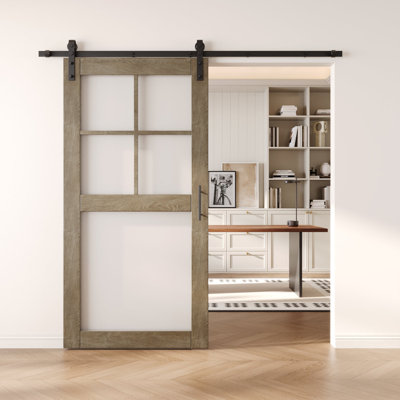 Homacer Classic Gray 32in x 80in 5-Lite Frosted Glass Unassembled & Finished Barn Door with Non-Bypass Installation Hardware Kit, 5.5ft track, interior use only