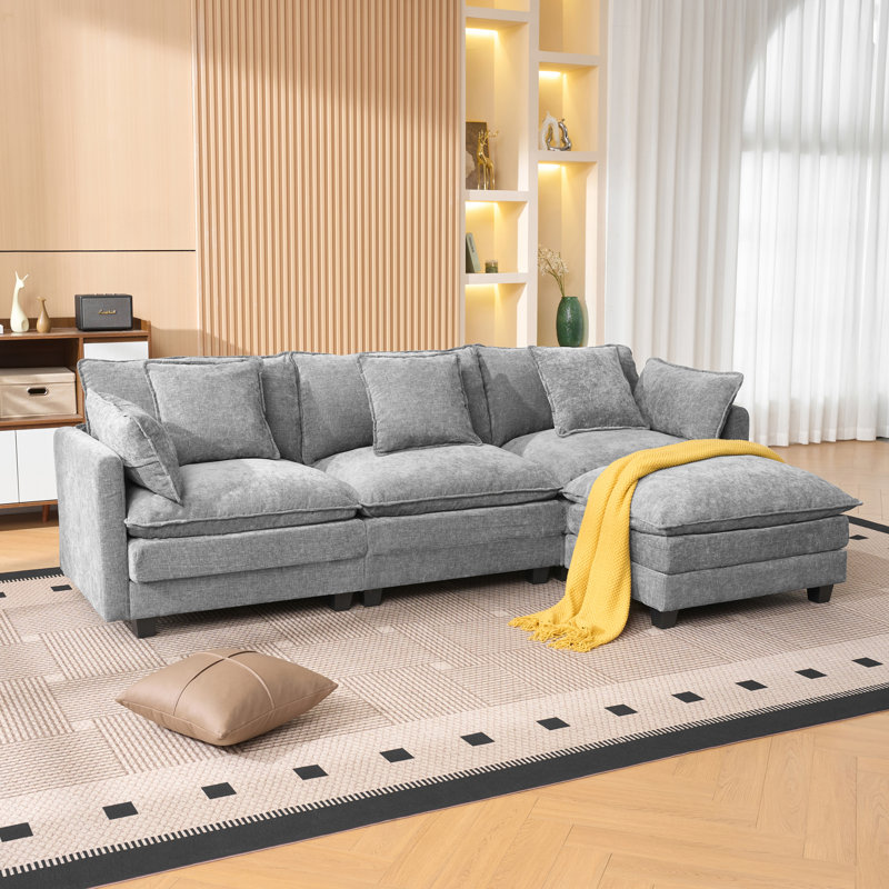 Canapé en L polyvalent en chenille gris avec repose-pieds avec rangement pour les pièces compactes et les espaces de vie modernes