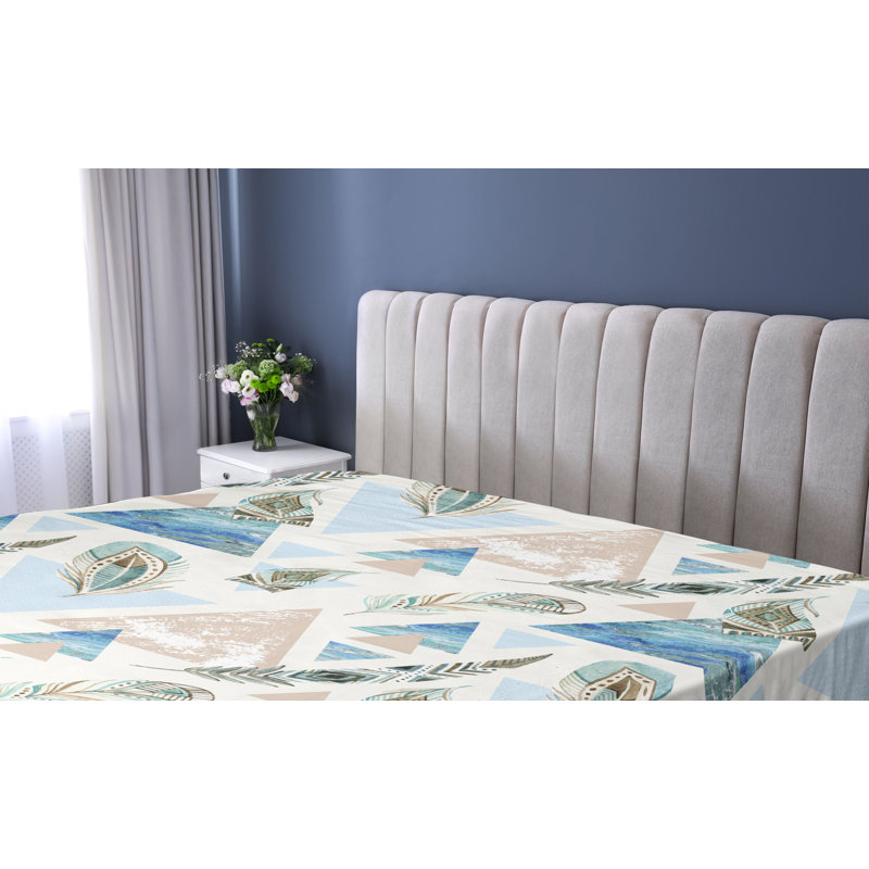 Drap-housse rétro Ambesonne, triangles et plumes, art bleu moutarde pâle, Drap-housse de taille simple