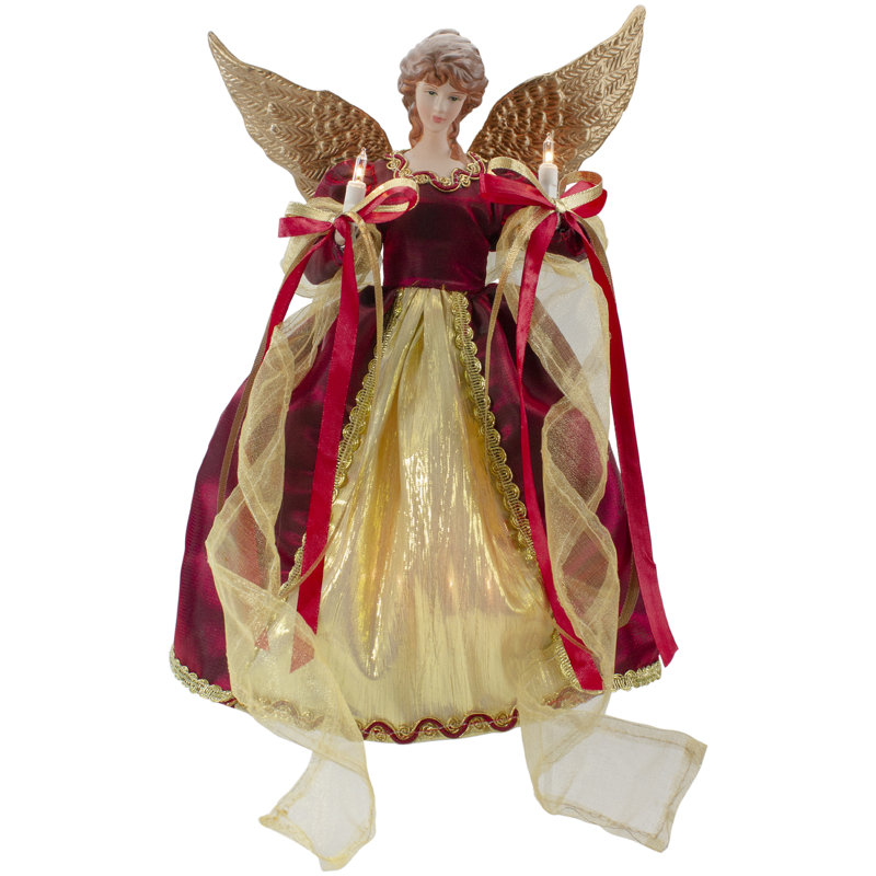 Décoration pour sommet de sapin ange avec ailes 13,5 po rouge et or - lumières claires