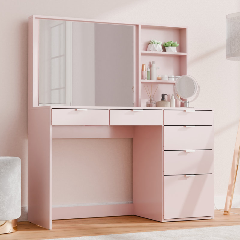 Penn Vanity Table with 6 Drawers & Storage Niche, 47.2"W Makeup Desk, Pink