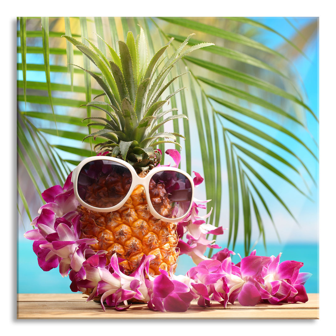 Glasbild Ananas mit Sonnenbrille