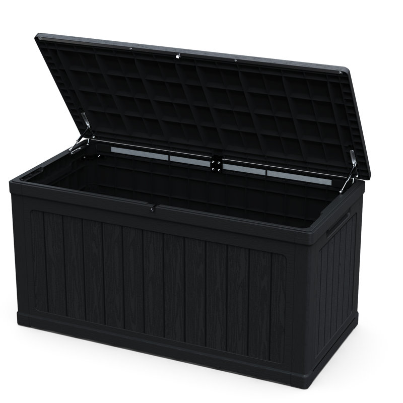 Boîte de rangement pour terrasse 230 gallons, résine imperméable et verrouillable, idéale pour ranger les fournitures de piscine et les coussins d'extérieur, structure à double paroi robuste, polyvalente comme table ou banc supplémentaire, 32 po