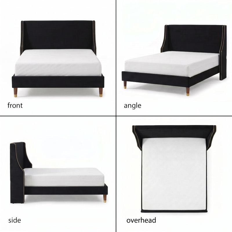 Melaya Elegant Wingback Upholstered Platform Bed Frame – Luxurious Design with Gold Piping, Sturdy Support, and Easy Assembly