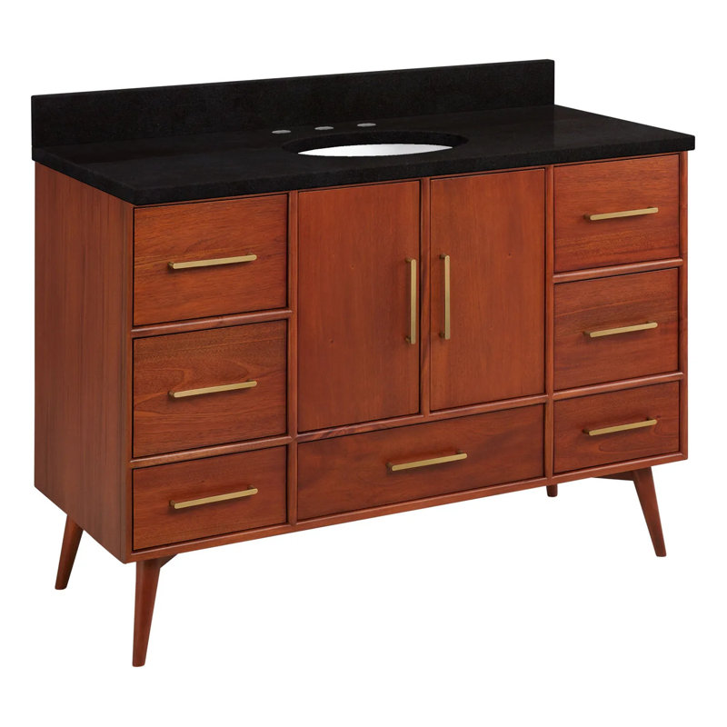 48" Novak Single Bathroom Vanity Set with Oval Undermount Sink, Natural Teak, 8" Widespread, Arctic White Quartz