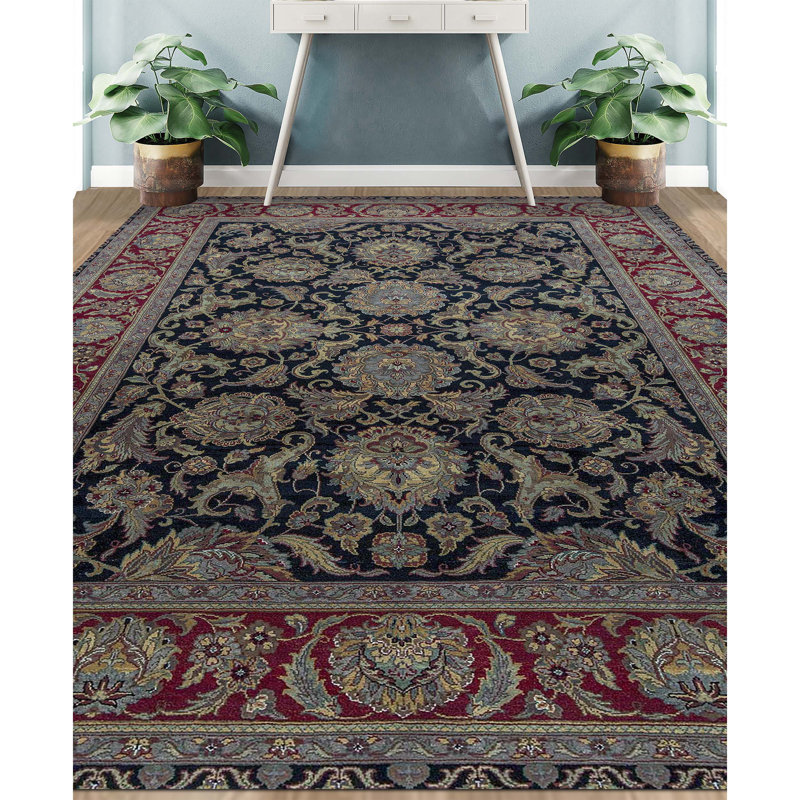 Hand-Knotted High-Quality Black and Red Area Rug