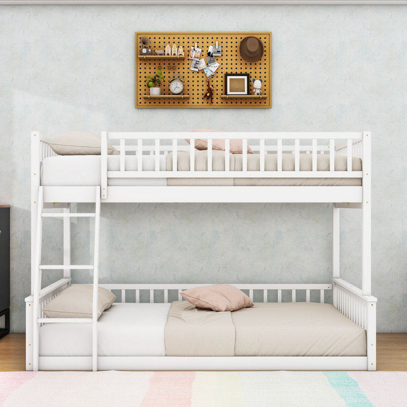 Wood Frame Bunk Bed With Ladder And Guardrails, White