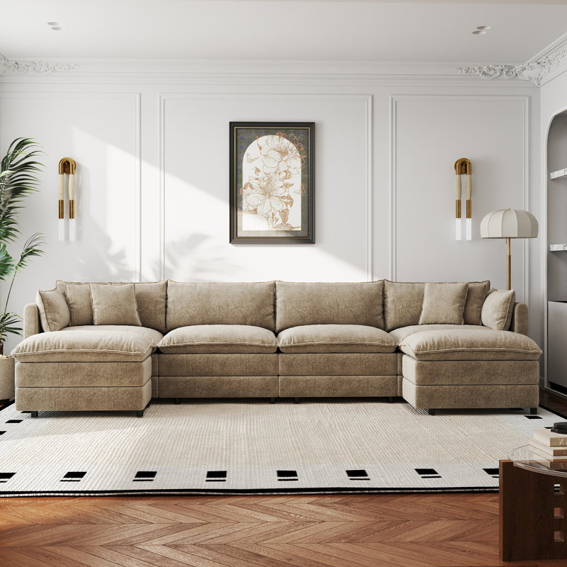 Canapé-lit en chenille moderne avec repose-pieds, H 33,85 po x l 147,22 po x P 35,82 po, Café chenille
