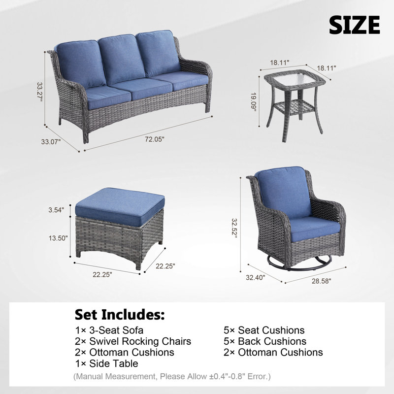 6 - Person Patio Conversation Set with Cushions, Gray, Denim Blue