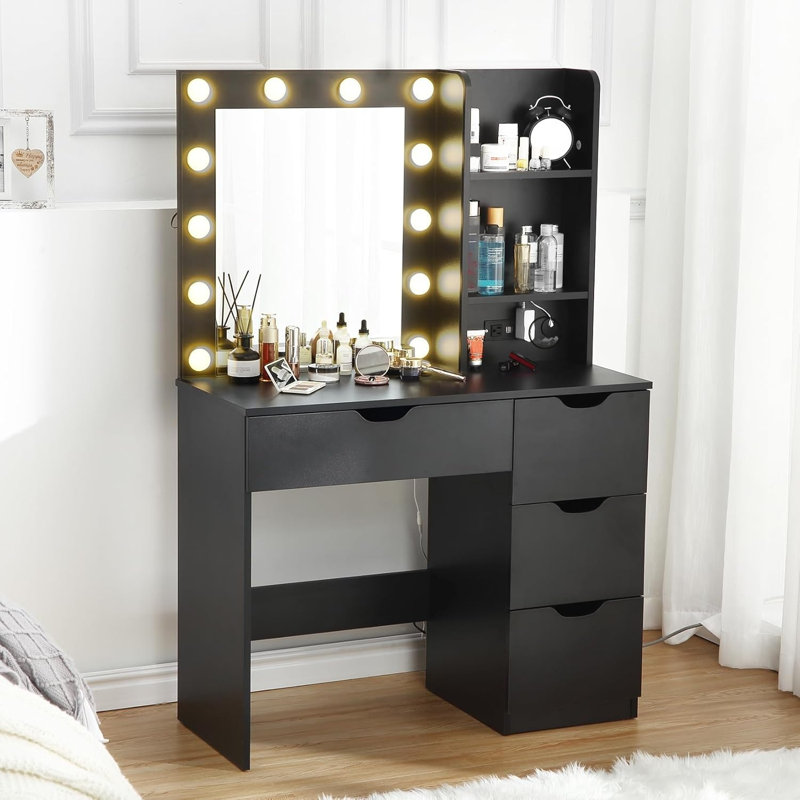 Makeup Vanity with Mirror, 12 LED Lights and Power Outlet, Vanity Desk with 4 Drawers and 3 Storage Shelves, 3 Adjustable Lighting Modes and Brightness Levels for Bedroom, Makeup Studio