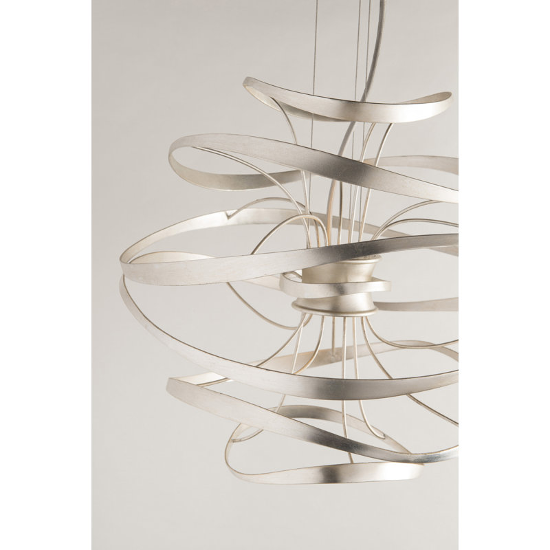 Calligraphy 2 - Light Unique Geometric LED Chandelier, 24" H x 26" W x 26" D, Silver Leaf with Polished Stainless Accents