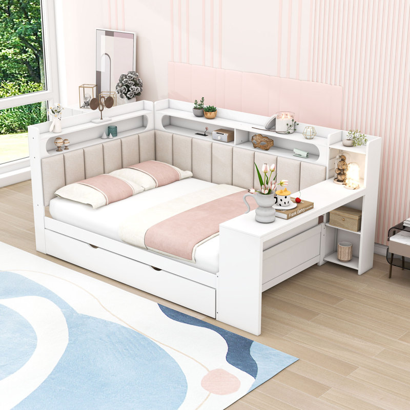 Full Daybed with Twin Trundle, Shelves, LED Lighting, Charging Station and Desk, White/Beige