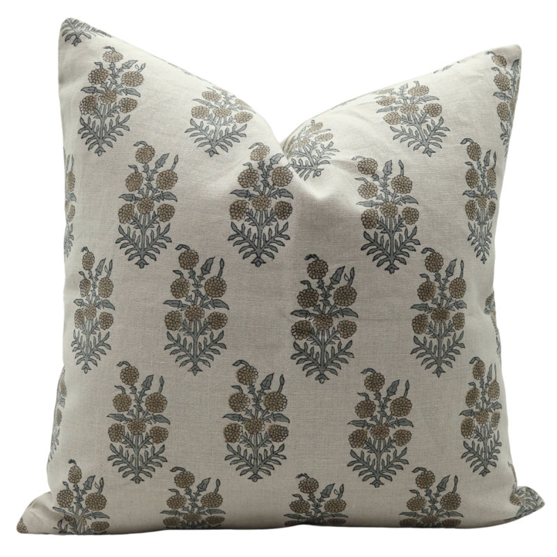 Coussin décoratif en lin à imprimé bloc pour salon, canapé et chambre à coucher (Hajara), H 26 po x l 26 po, Floral brun