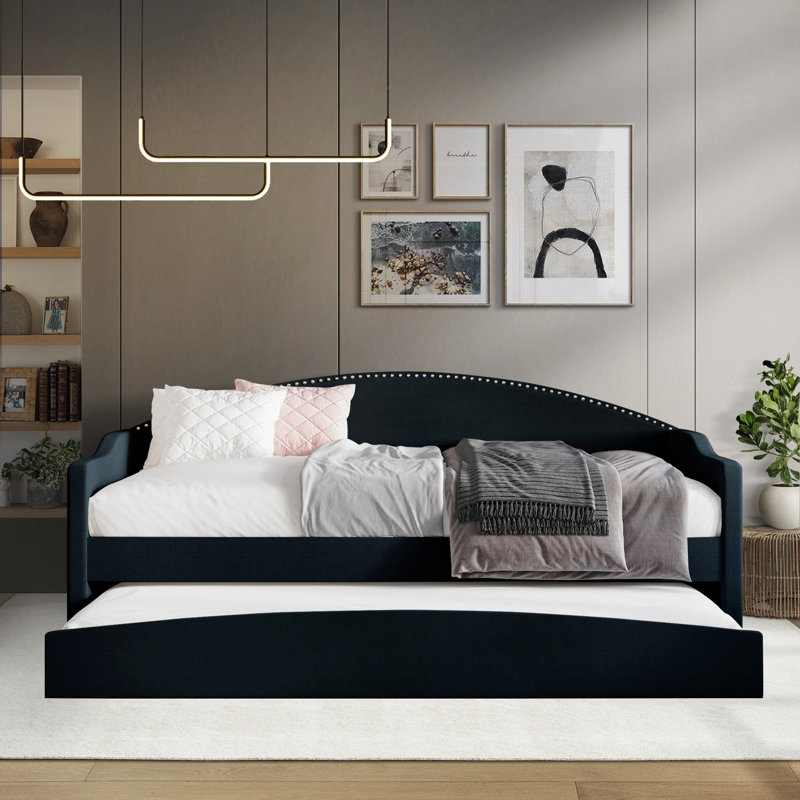 Lit de jour simple Caitronia en lin gris chaud avec couchette, Gris anthracite