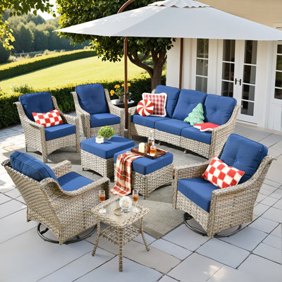 Canapé pour 9 personnes avec chaises berçantes pivotantes, canapé d'extérieur en osier avec dossier haut et coussins, canapé toutes saisons avec repose-pieds pour le jardin