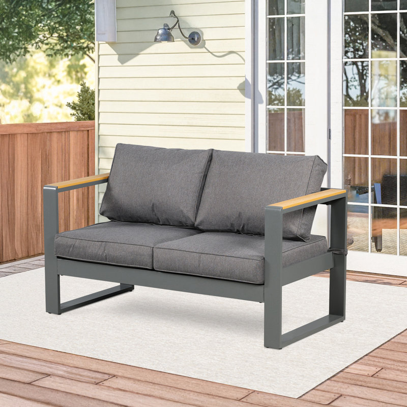 Homayoun 53'' Wide Aluminum Loveseat with Cushions, Dark Gray