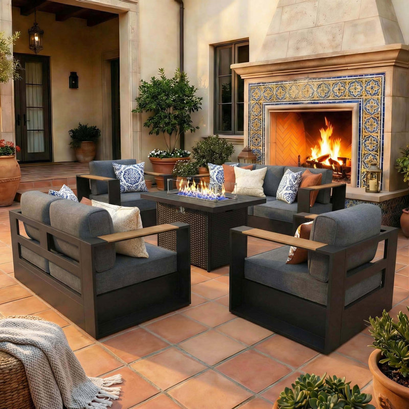  Outdoor Oversized Aluminum Conversation Set With Firepit Table And 6-inch Cushion, Dark Grey