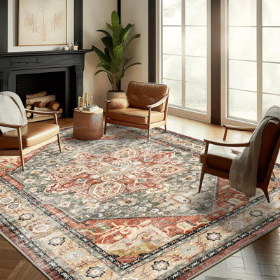 Tapis fin rouge kaki vintage 90 x 150 cm, lavable, style traditionnel, pliable, aspect vieilli, antidérapant, à motifs floraux, idéal pour la chambre, le salon ou la salle de bain.