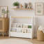 Étagère pour enfants avec poignée en bois, bibliothèque à 2 niveaux pour tout-petits, rangement de livres portatif pour enfants, blanche