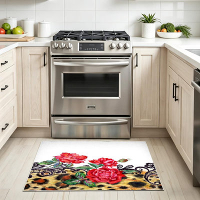 Red Machine Washable,Colorful Floral of Roses and Border Indoor Area Rug